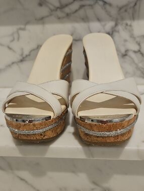 Jimmy Choo White Leather Cork Platform Mules with Silver Trim